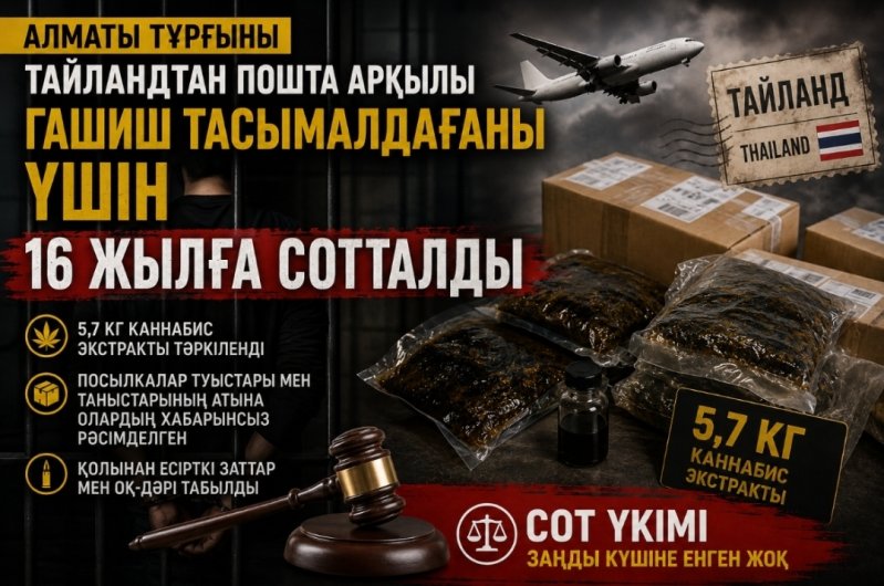 Алматы тұрғыны Таиландтан пошта арқылы гашиш тасымалдағаны үшін 16 жылға сотталды